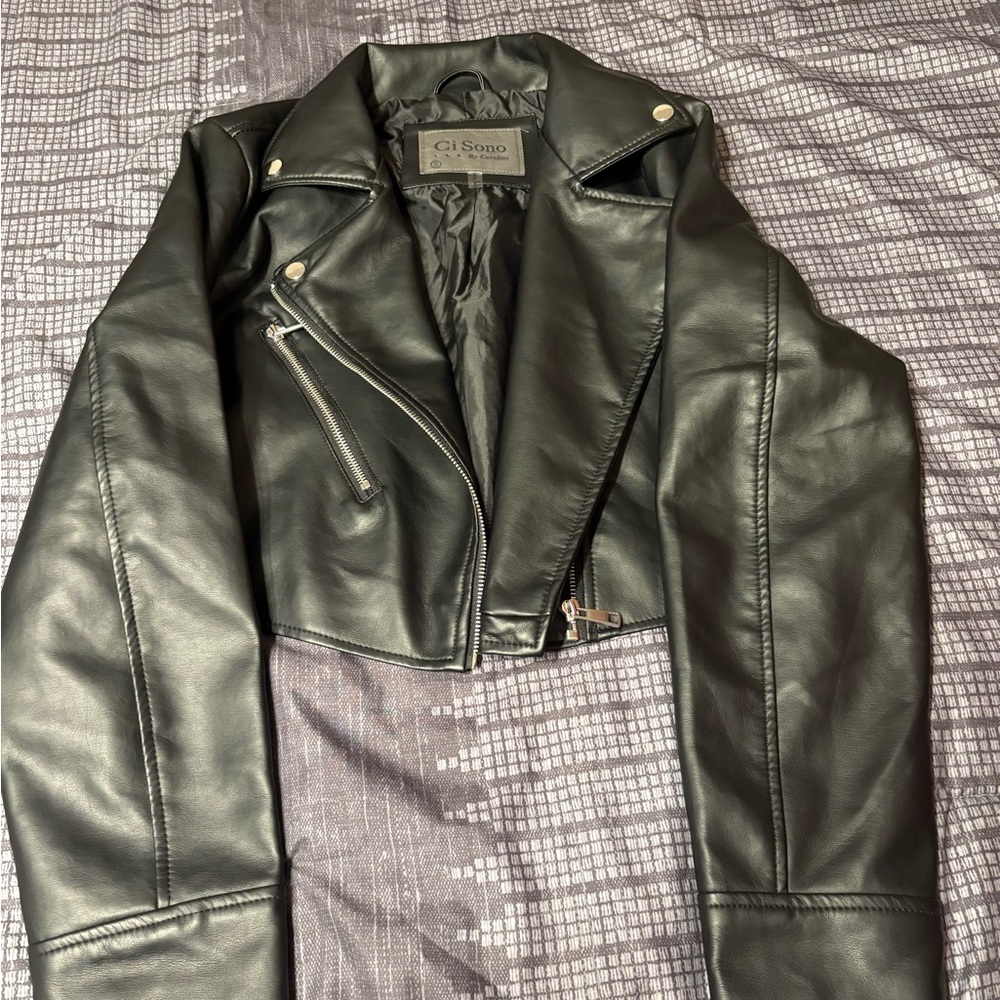 Black Leather Motorcycle Jacket with Asymmetrical Zipper and Cropped Fit